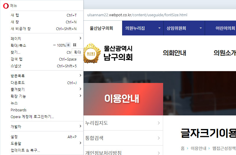 오페라 : 상단 메뉴중 보기 > Zoom 메뉴에서 설정