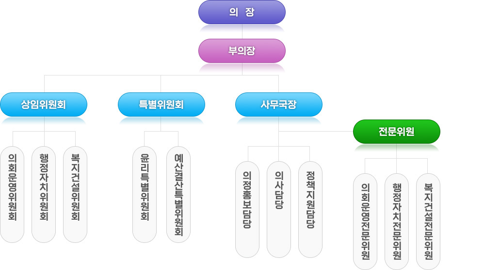 의장 - 부의장 - 상임위원회 : 의회운영위원회, 행정자치위원회, 복지건설위원회,
특별위원회 : 윤리특별위원회, 예산결산특별위원회,
사무국장 : 의정홍보담당, 의사담당, 정책지원담당,
전문위원 : 의회운영전문위원, 행정자치전문위원, 복지건설전문위원,
정책지원관
